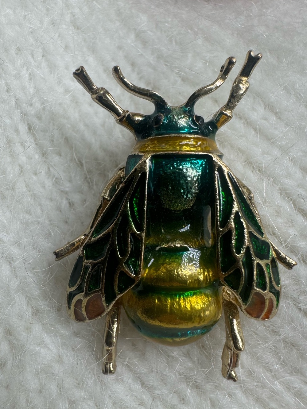 Iridescent Green Beetle Brooch Gold Tone Insect Pin